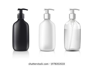 3d realistic vector cosmetic bottles in black, white and transparent glass.