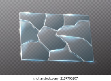 3d realistic vector. Cracked glass transparent plate with shuny sparkles.