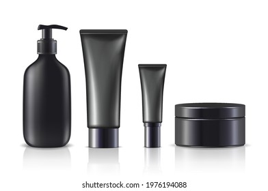 3d realistic vector cream bottles and jars in black. Isolated on white background.