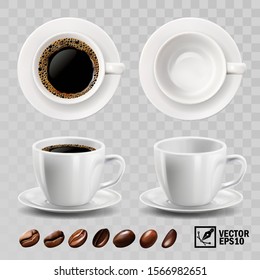 3d realistic vector cup of black espresso or americano coffee, top view, side view