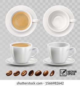 3d realistic vector cup of cappuccino, espresso or americano coffee with froth, top view, side view