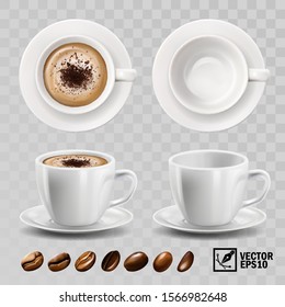 3d realistic vector cup of cappuccino or latte coffee with chocolate topping, top view, side view