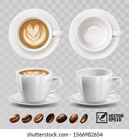 3d realistic vector cup of cappuccino or latte coffee with heart pattern, top view, side view