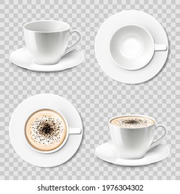 3d realistic vector cup of cappuccino or latte coffee , top view, side view. Set of coffee cups or mug with saucer, isolated on a transparent background