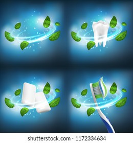 3D realistic vector dental set (separate vortex leaves of mint,healthy tooth, gum pellets, toothbrush with extruded toothpaste)