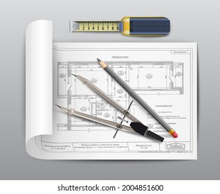 3d realistic vector design project icon with paper roll, measuring tool, pencil and ruler.