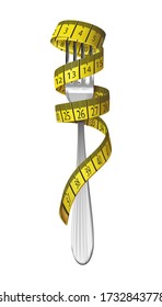 3d realistic  vector diet concept illustration. Fork with measuring tape on it. Isolated on white background.