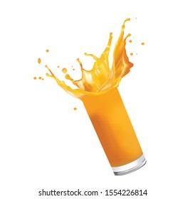 3D realistic vector different splashes of juice of orange, mango, bananas and other fruits, transparent glass with a splash, spray and vortex juice