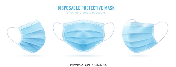 3d realistic vector disposable protective mask. Blue surgical, medical respiratory face mask isolated on white. Coronavirus protection, anti-dust, anti-bacteria, anti-exhaust gas. 