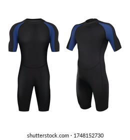 3d realistic vector dive costume in black and blue. Swim suit for man. Isolated of white background.