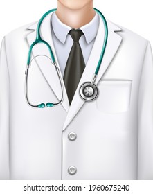 3d realistic vector doctor closeup in uniform, background with stethoscope and doctor suit.