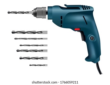 3d realistic vector drill machine with collection of different size drill tools.