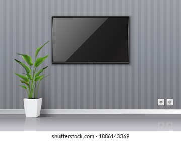 3d Realistic Vector Empty Living Room With Gray Walls An TV Scree On The Wall Hanging And Floor Tropical Plant.