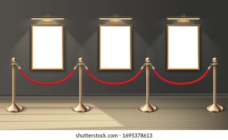 3d realistic vector exhibition museum mock up paintings in vertical positioning on the wall with spot light and red barrier. Blank space for you design. Realistic wooden floor and sunlight.