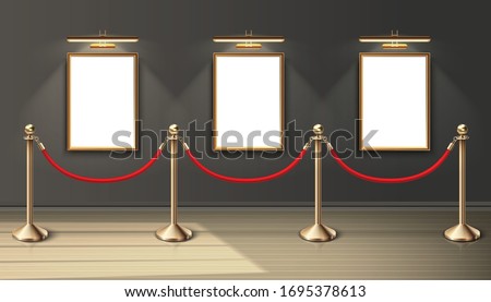 3d realistic vector exhibition museum mock up paintings in vertical positioning on the wall with spot light and red barrier. Blank space for you design. Realistic wooden floor and sunlight.