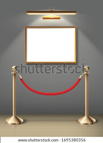 3d realistic vector exhibition museum mock up painting on the wall in horizontal positioning with spot light and red barrier. Blank space for you design. Realistic wooden floor and sunlight.