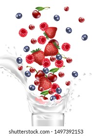 3d Realistic Vector Falling Mix Berry Fruit Banner Into A Glass Of Milk Or Yoghurt On White Blank Background.