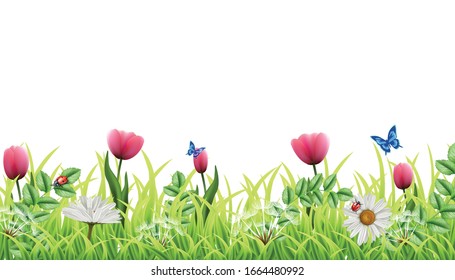 3d realistic vector fantasy beautiful green floral isolated background. With green loan grass and pink tulips with camomile and butterflies and ladybugs. Perfect template for your design concept.