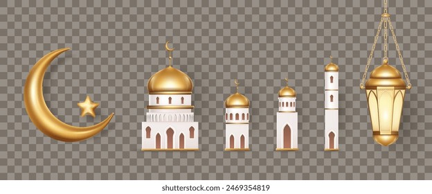 3D realistic vector festive symbols of islamic holidays for vector illustration design, art, posters, banners. Crescent moon, mosque, golden lantern isolated on transparent background.
