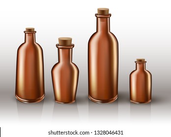 3d realistic vector glass bottles set in brown color.