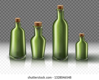 3d realistic vector glass bottles set in green color.