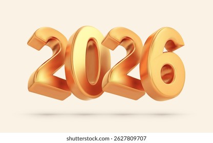 3d realistic vector gold numbers 2026. Volumetric numbers hovering in the air. Design object for New Year greeting cards, poster, advertising banners. Metal numbers 2026. 3D golden vector element.