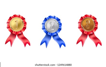 3d realistic vector gold, silver and bronze medals in red and blue ribbon colors.