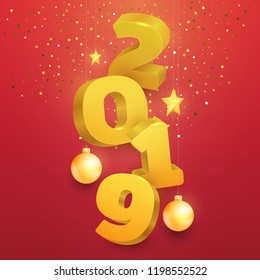 3d realistic vector golden number 2019 with christmas toy on red background. Happy new year design concept. Minimalistic trendy illustration for branding banner, cover, poster, card.