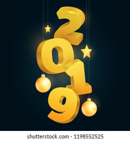 3d realistic vector golden number 2019 with christmas toy on black background. Happy new year design concept. Minimalistic trendy illustration for branding banner, cover, poster, card.