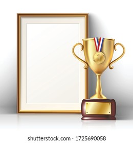 3d realistic vector golden trophy and picture frame with wooden border. Isolated illustration.