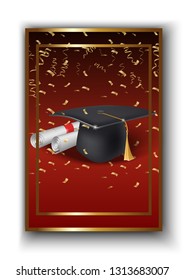 3d realistic vector graduation ceremony banner with hat and paper diploma.