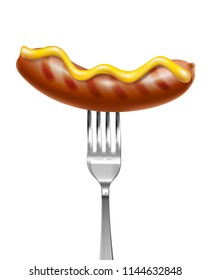 3d realistic vector grilled sausage on metal fork with mustard on top.
