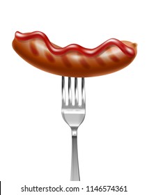 3d realistic vector grilled sausage on metal fork with mustard on top.