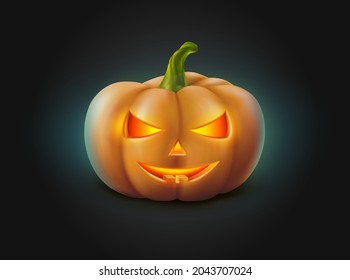 3d realistic vector Halloween pumpkin with glowing face in the dark.
