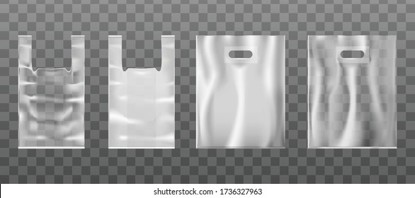 3d bolsa de mano vectorial realista con agujero de mano o mango de plástico o papel. Fondo transparente.