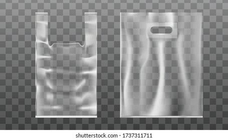 3d realistic vector hand bag with hand hole or handle from plastic or foil. Transparent background.
