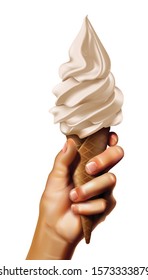 3d realistic vector hand holding frozen yogurt or soft ice cream in the wafer cone. Isolated on white background.