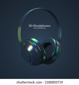 3d realistic vector headphones with iridescent colors. Trendy glossy holographic design. Headphones product background.