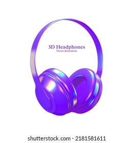 3d realistic vector headphones with iridescent colors. Trendy glossy holographic design. Headphones product background.