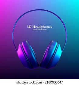 3d realistic vector headphones with neon lights in pink and blue colors. Headphones product background.