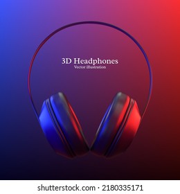 3d realistic vector headphones with neon lights in red and blue colors. Headphones product background.