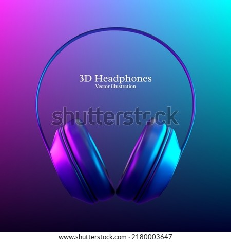 3d realistic vector headphones with neon lights in pink and blue colors. Headphones product background.