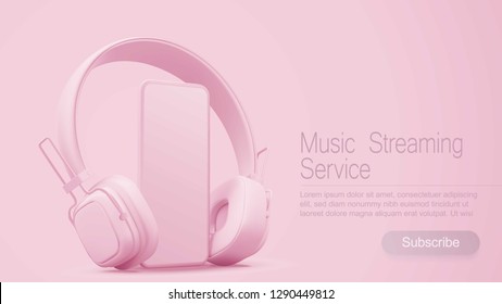 3D realistic vector headphones and smartphone pink on a pink background, Landing page template  for music streaming service