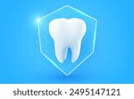 3d realistic vector healthy glowing tooth. Shield around white tooth. Dental care, protection and whitening. Vector illustration