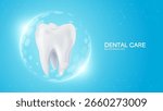 3D realistic vector healthy glowing tooth. Dental care, protection and whitening. Dental care, taking care of teeth. Dental servises. Dentistry, Orthodontic concept. 3D Tooth with shine backgroud