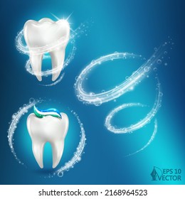 3d realistic vector healthy glowing tooth. Foam vortex around white tooth and mint toothpaste. Dental care, protection and whitening illustration