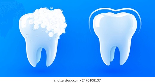 3d realistic vector healthy glowing tooth. Toothpaste foam and protection shield set. Dental care, protection and whitening. Vector illustration