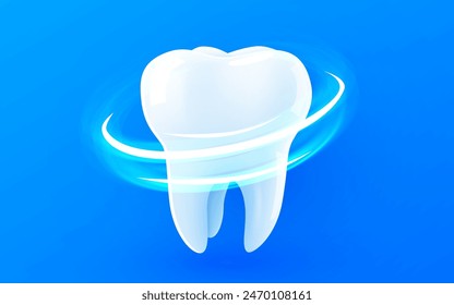 3d realistic vector healthy glowing tooth. Light vortex around white tooth. Dental care, protection and whitening. Vector illustration