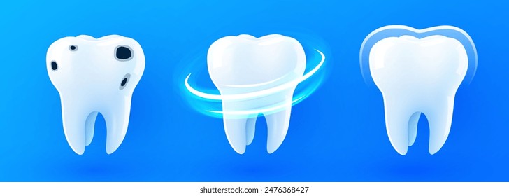 Vector realista 3d diente brillante saludable. Caries curativa y escudo de protección. Cuidado dental, protección y blanqueamiento. Ilustración vectorial