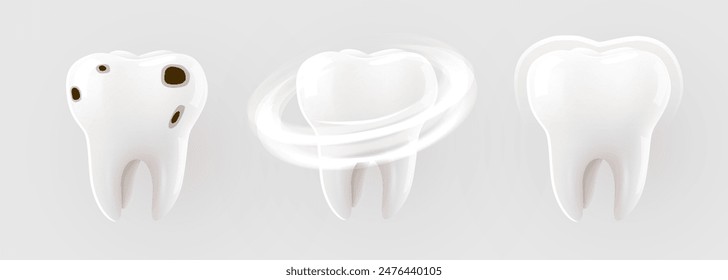 3d realistic vector healthy glowing tooth. Caries healing and protection shield. Dental care, protection and whitening. Vector illustration